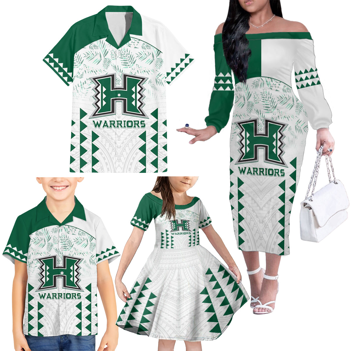 Custom Hawaii Football Family Matching Off Shoulder Long Sleeve Dress and Hawaiian Shirt Rainbow Warriors Kakau Pattern LT05 - Polynesian Pride