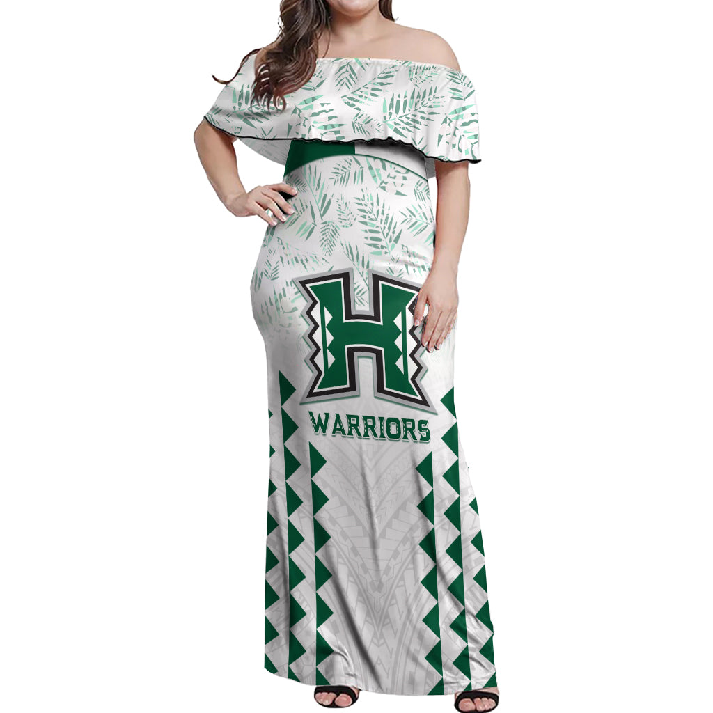 Custom Hawaii Football Off Shoulder Maxi Dress Rainbow Warriors Kakau Pattern LT05 Women White - Polynesian Pride