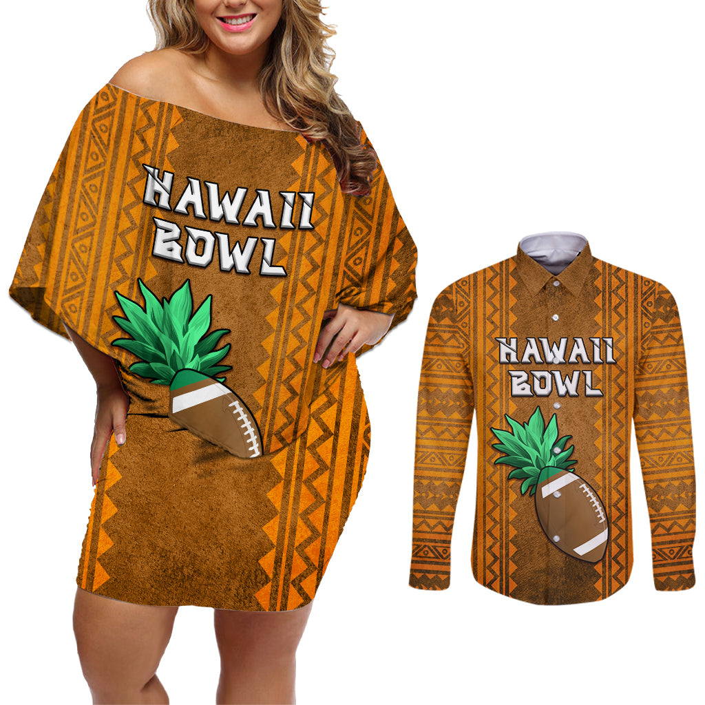 Custom Hawaii Honolulu Football Bowl Couples Matching Off Shoulder Short Dress and Long Sleeve Button Shirt Simple Style LT05 Brown - Polynesian Pride