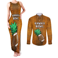 Custom Hawaii Honolulu Football Bowl Couples Matching Tank Maxi Dress and Long Sleeve Button Shirt Simple Style LT05 Brown - Polynesian Pride