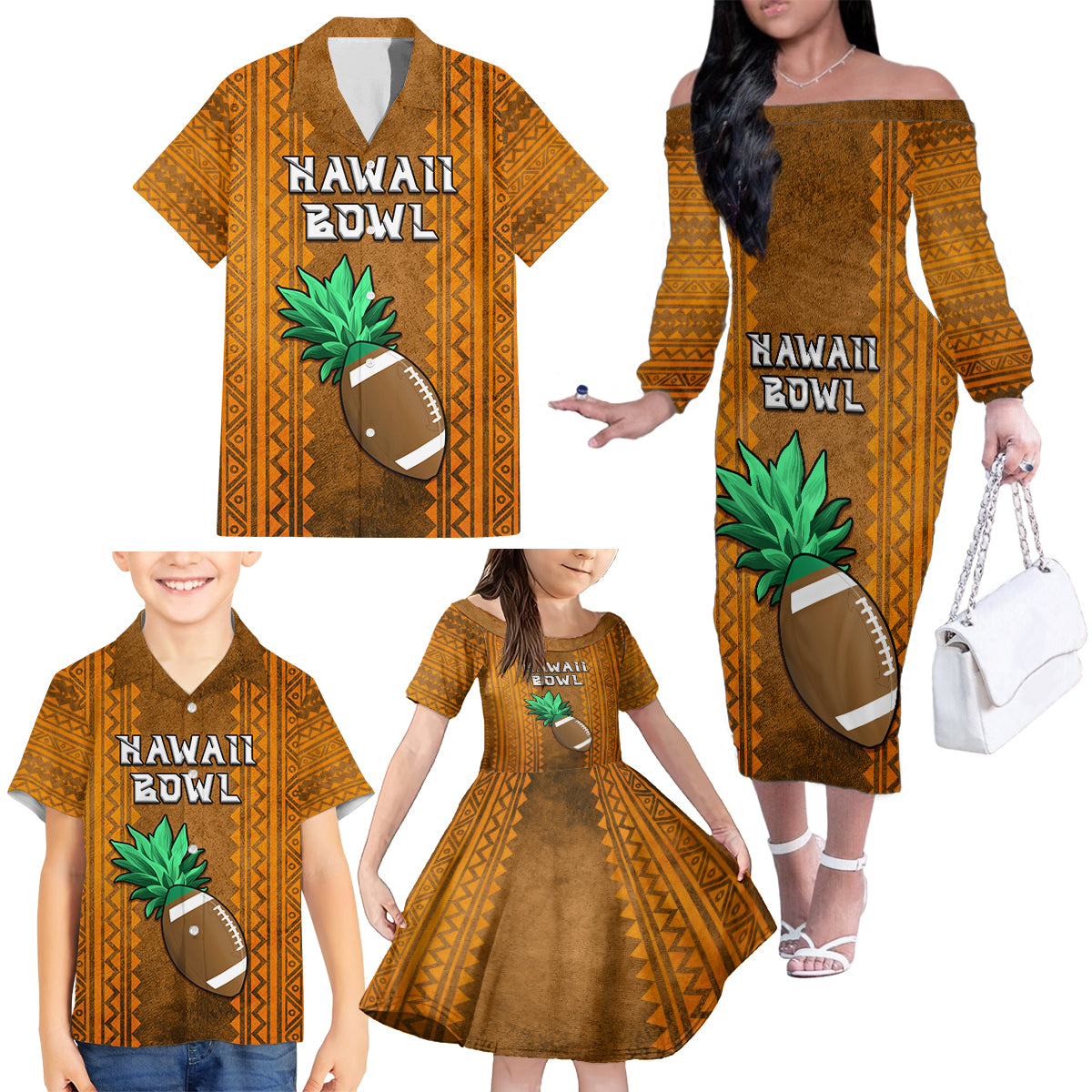 Custom Hawaii Honolulu Football Bowl Family Matching Off Shoulder Long Sleeve Dress and Hawaiian Shirt Simple Style LT05 - Polynesian Pride