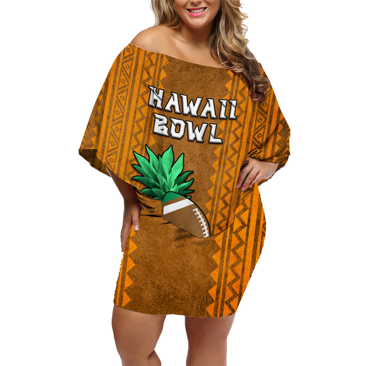 Custom Hawaii Honolulu Football Bowl Family Matching Off Shoulder Short Dress and Hawaiian Shirt Simple Style LT05 Mom's Dress Brown - Polynesian Pride