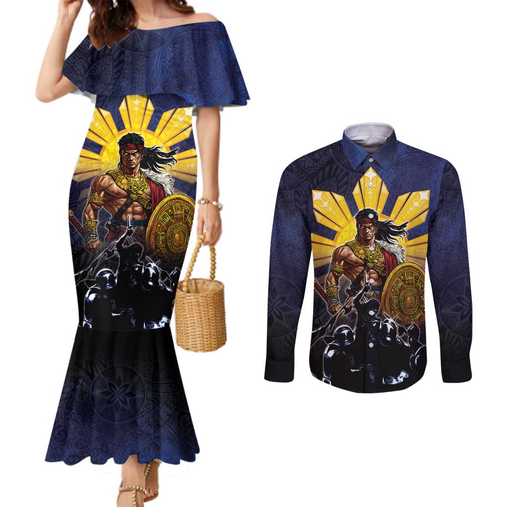 Philippines The First Hero Couples Matching Mermaid Dress and Long Sleeve Button Shirt Lapu Lapu Know Your Roots