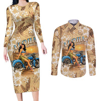 Aloha Hawaii Biker Couples Matching Long Sleeve Bodycon Dress and Long Sleeve Button Shirt Ride To Paradise LT05 Beige - Polynesian Pride