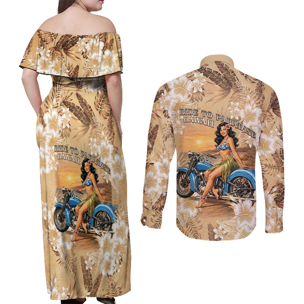 Aloha Hawaii Biker Couples Matching Off Shoulder Maxi Dress and Long Sleeve Button Shirt Ride To Paradise