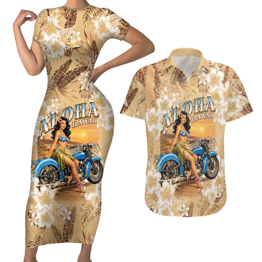 Aloha Hawaii Biker Couples Matching Short Sleeve Bodycon Dress and Hawaiian Shirt Ride To Paradise LT05 Beige - Polynesian Pride