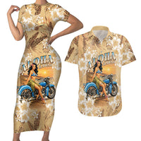 Aloha Hawaii Biker Couples Matching Short Sleeve Bodycon Dress and Hawaiian Shirt Ride To Paradise LT05 Beige - Polynesian Pride