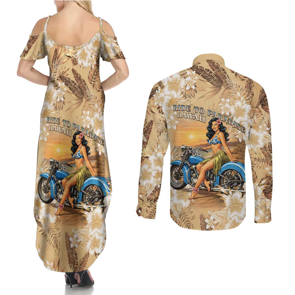 Aloha Hawaii Biker Couples Matching Summer Maxi Dress and Long Sleeve Button Shirt Ride To Paradise