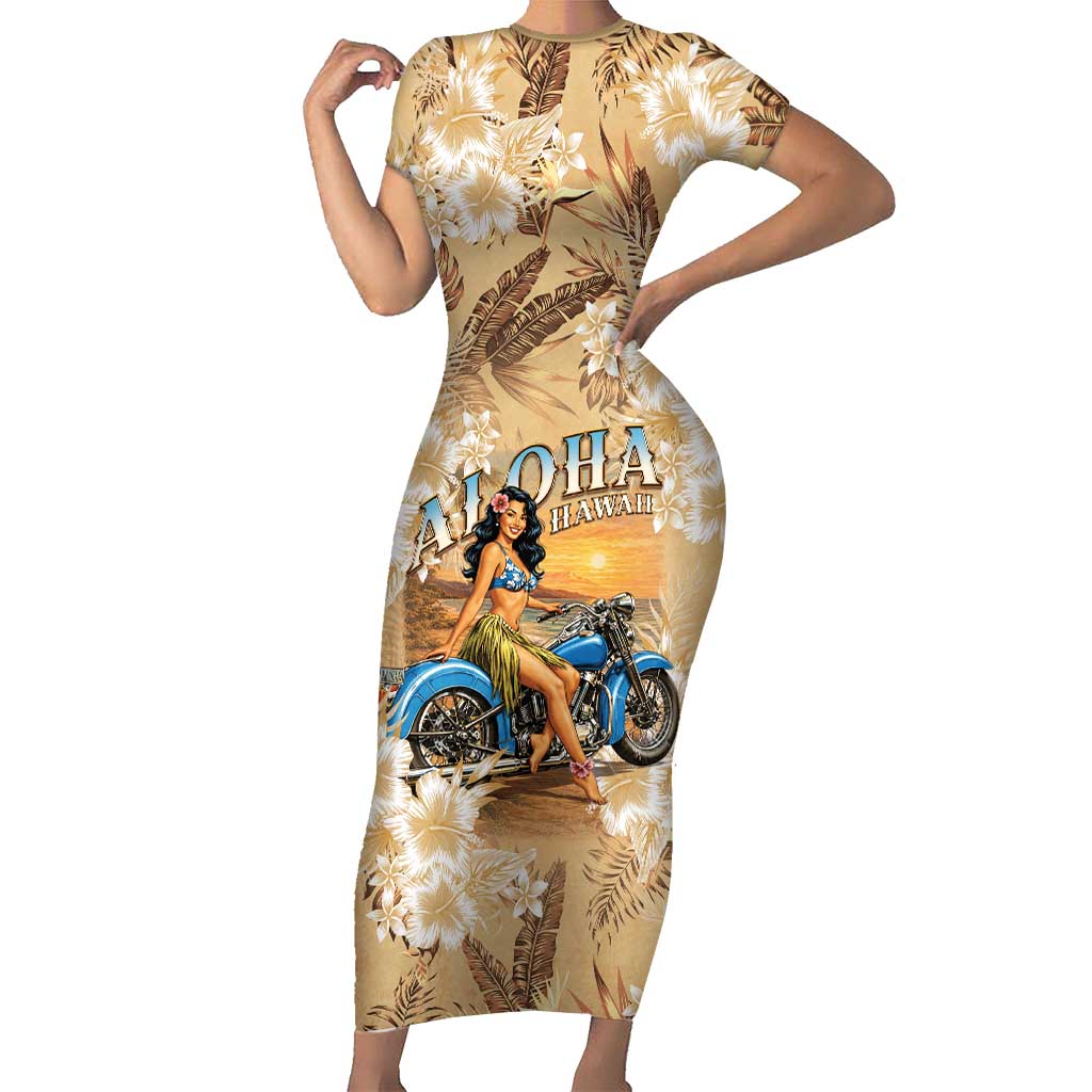 Aloha Hawaii Biker Short Sleeve Bodycon Dress Ride To Paradise LT05 Long Dress Beige - Polynesian Pride