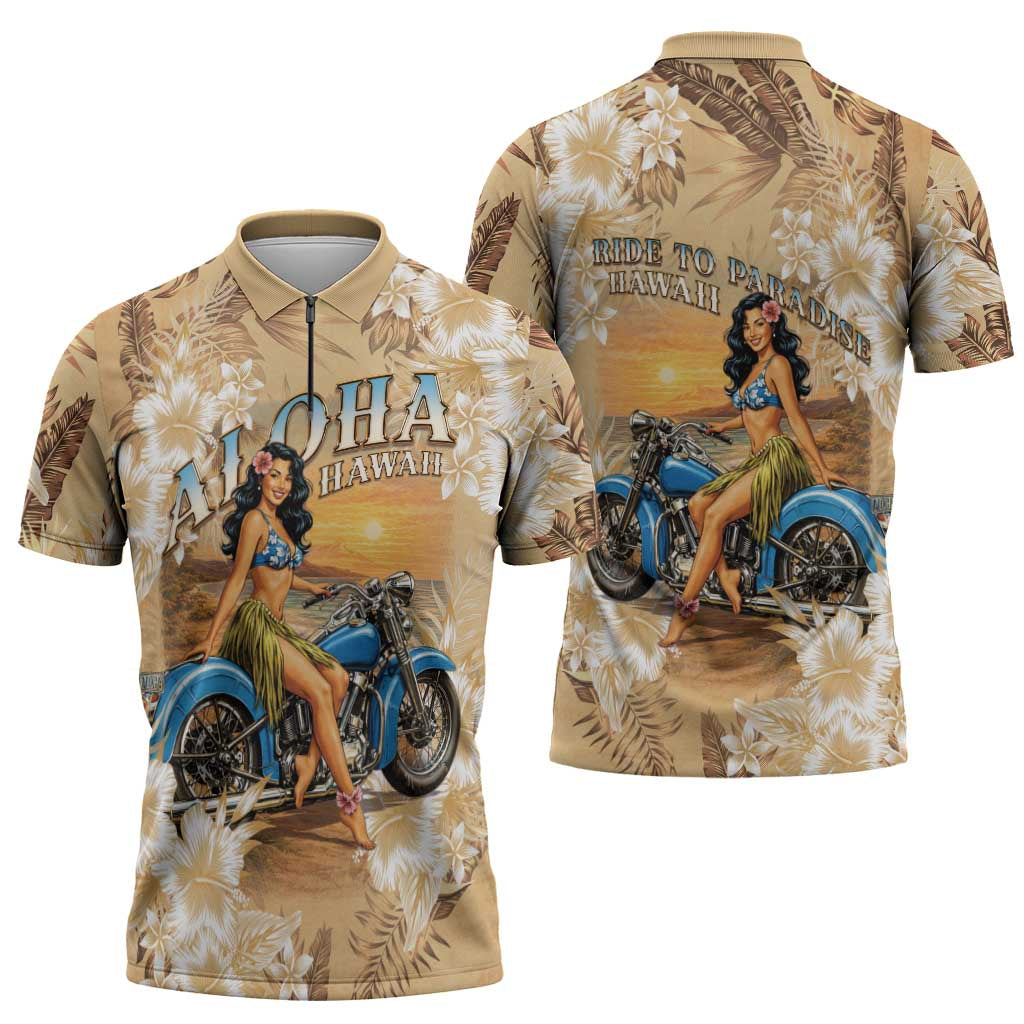 Aloha Hawaii Biker Zipper Polo Shirt Ride To Paradise