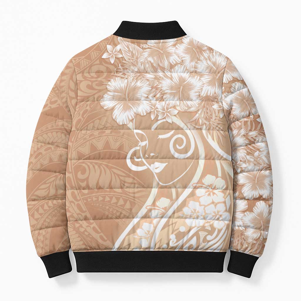 Polynesian Women's Day Bomber Puffer Jacket Brown Hibiscus Flowers With Polynesian Pattern