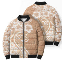 Polynesian Women's Day Bomber Puffer Jacket Brown Hibiscus Flowers With Polynesian Pattern