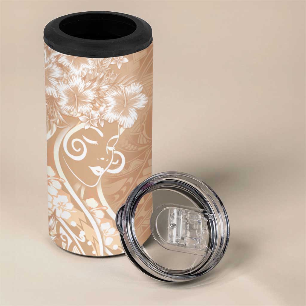 Polynesian Women's Day 4 in 1 Can Cooler Tumbler Brown Hibiscus Flowers With Polynesian Pattern