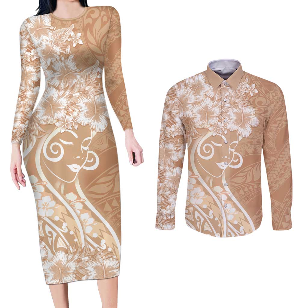 Polynesian Women's Day Couples Matching Long Sleeve Bodycon Dress and Long Sleeve Button Shirt Brown Hibiscus Flowers With Polynesian Pattern