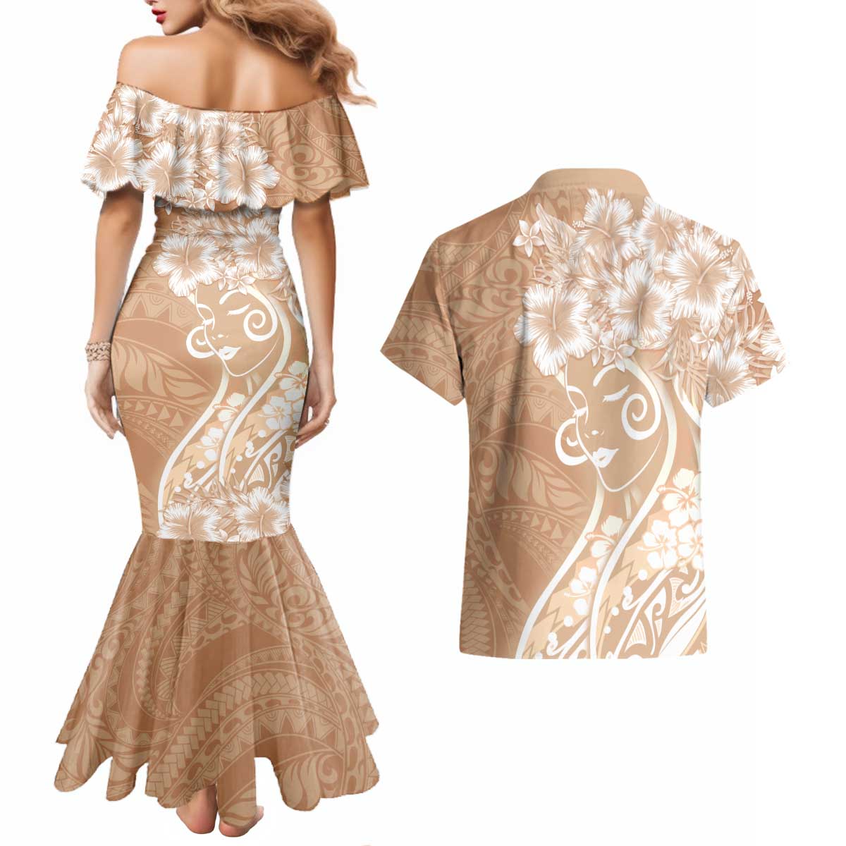 Polynesian Women's Day Couples Matching Mermaid Dress and Hawaiian Shirt Brown Hibiscus Flowers With Polynesian Pattern LT05 - Polynesian Pride
