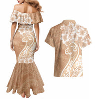 Polynesian Women's Day Couples Matching Mermaid Dress and Hawaiian Shirt Brown Hibiscus Flowers With Polynesian Pattern LT05 - Polynesian Pride