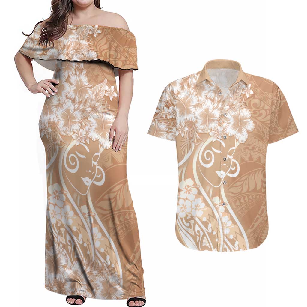 Polynesian Women's Day Couples Matching Off Shoulder Maxi Dress and Hawaiian Shirt Brown Hibiscus Flowers With Polynesian Pattern
