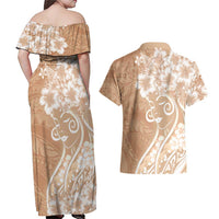Polynesian Women's Day Couples Matching Off Shoulder Maxi Dress and Hawaiian Shirt Brown Hibiscus Flowers With Polynesian Pattern LT05 - Polynesian Pride