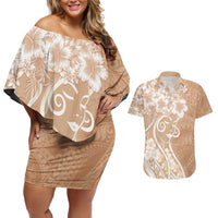 Polynesian Women's Day Couples Matching Off Shoulder Short Dress and Hawaiian Shirt Brown Hibiscus Flowers With Polynesian Pattern LT05 Brown - Polynesian Pride