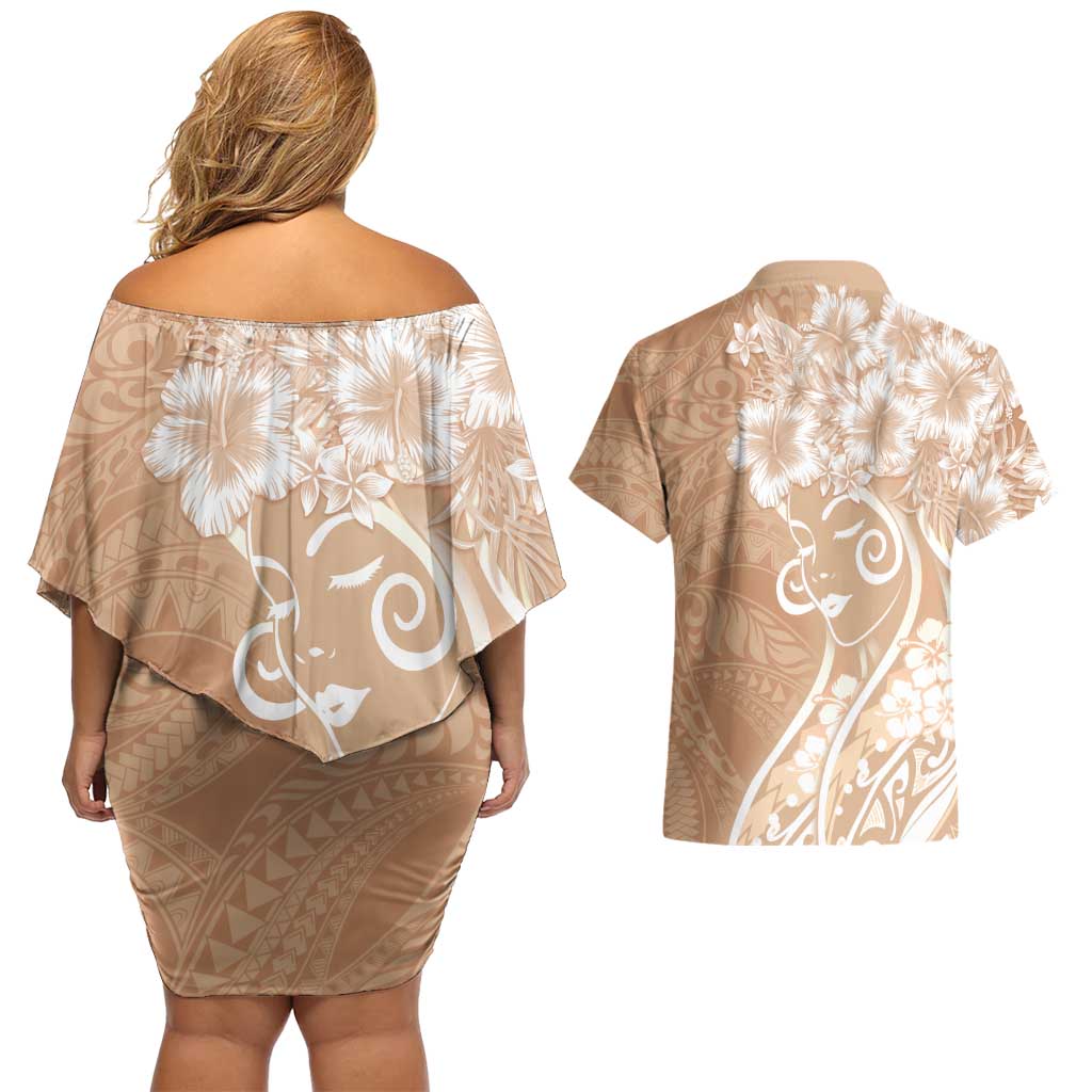 Polynesian Women's Day Couples Matching Off Shoulder Short Dress and Hawaiian Shirt Brown Hibiscus Flowers With Polynesian Pattern LT05 - Polynesian Pride