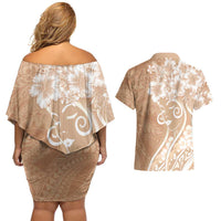 Polynesian Women's Day Couples Matching Off Shoulder Short Dress and Hawaiian Shirt Brown Hibiscus Flowers With Polynesian Pattern LT05 - Polynesian Pride