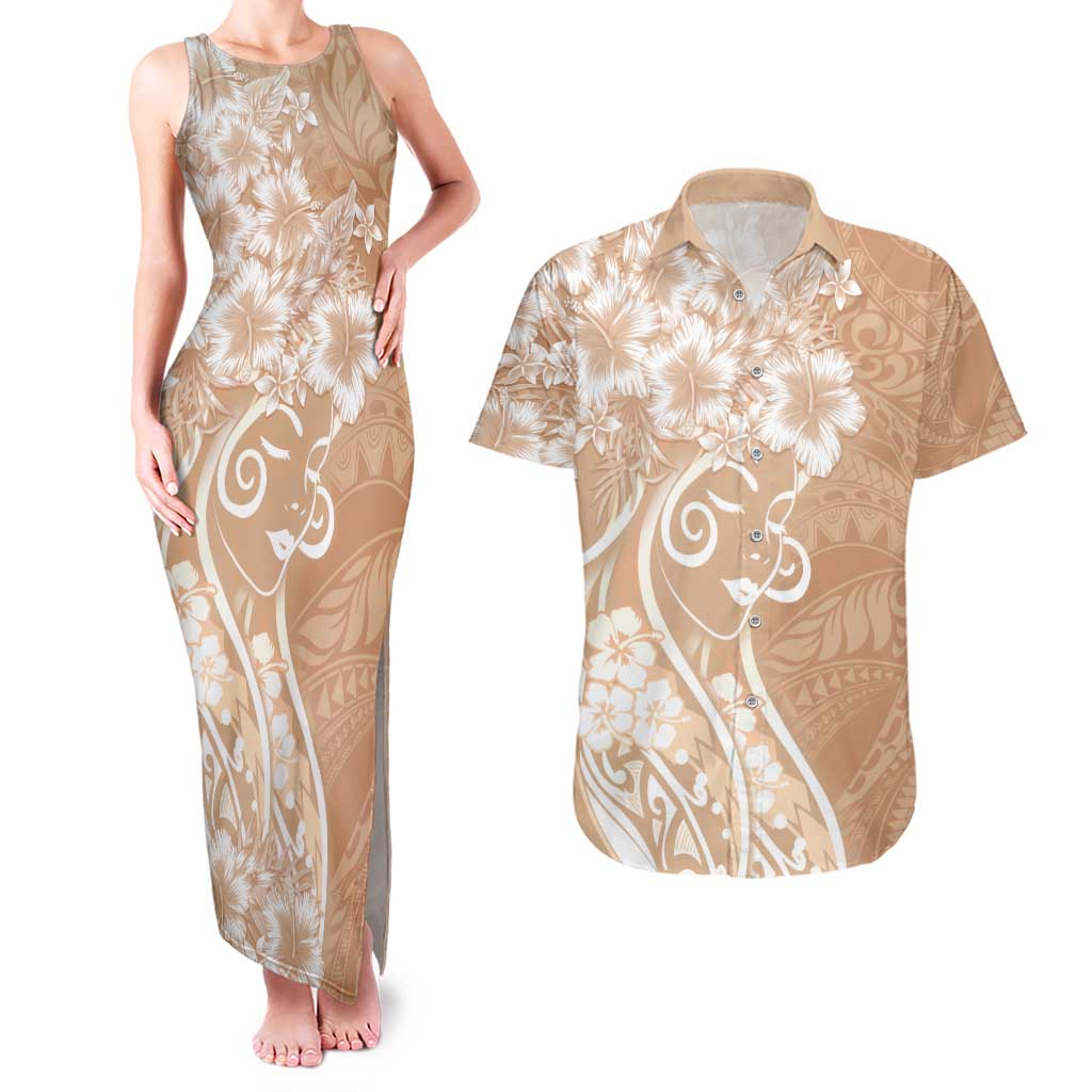Polynesian Women's Day Couples Matching Tank Maxi Dress and Hawaiian Shirt Brown Hibiscus Flowers With Polynesian Pattern