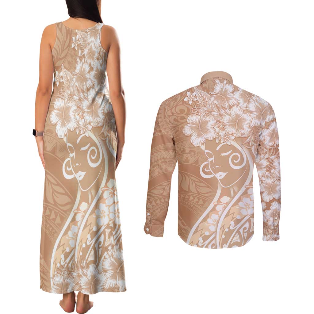 Polynesian Women's Day Couples Matching Tank Maxi Dress and Long Sleeve Button Shirt Brown Hibiscus Flowers With Polynesian Pattern
