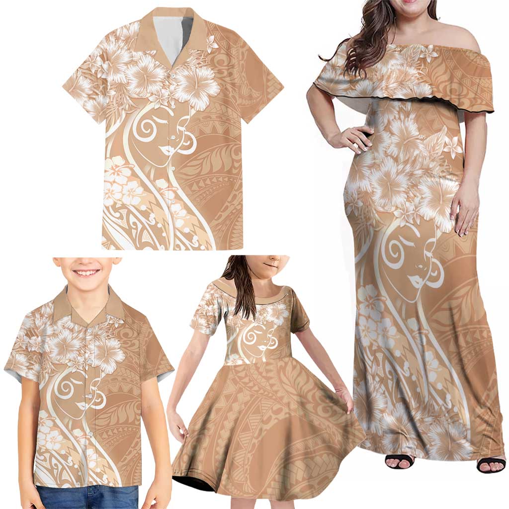 Polynesian Women's Day Family Matching Off Shoulder Maxi Dress and Hawaiian Shirt Brown Hibiscus Flowers With Polynesian Pattern LT05 - Polynesian Pride