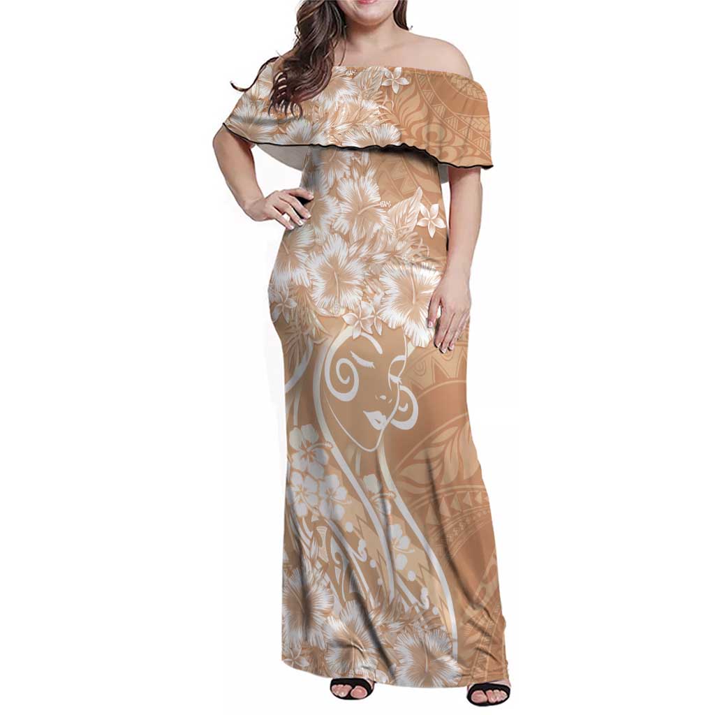 Polynesian Women's Day Family Matching Off Shoulder Maxi Dress and Hawaiian Shirt Brown Hibiscus Flowers With Polynesian Pattern LT05 Mom's Dress Brown - Polynesian Pride