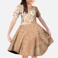 Polynesian Women's Day Family Matching Off Shoulder Short Dress and Hawaiian Shirt Brown Hibiscus Flowers With Polynesian Pattern LT05 Daughter's Dress Brown - Polynesian Pride