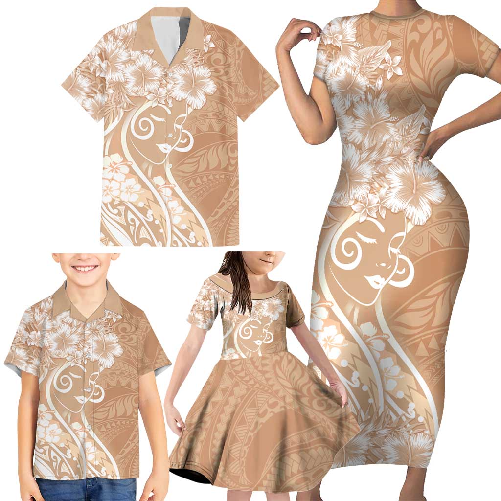 Polynesian Women's Day Family Matching Short Sleeve Bodycon Dress and Hawaiian Shirt Brown Hibiscus Flowers With Polynesian Pattern