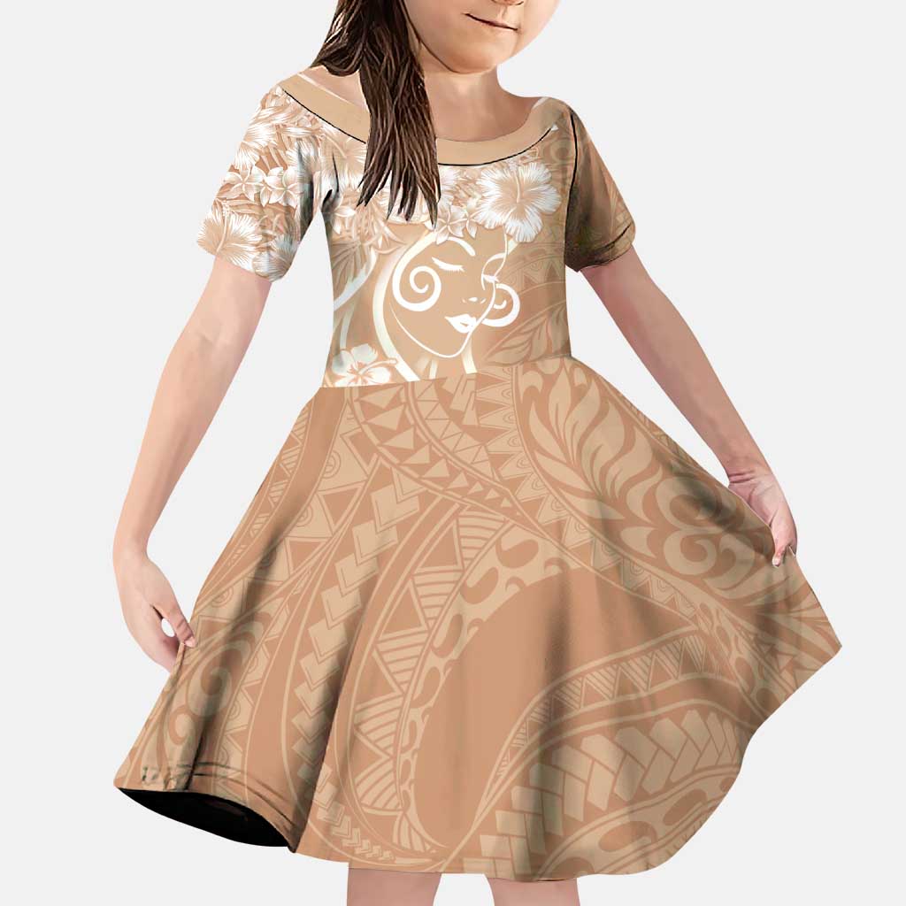 Polynesian Women's Day Family Matching Tank Maxi Dress and Hawaiian Shirt Brown Hibiscus Flowers With Polynesian Pattern LT05 Daughter's Dress Brown - Polynesian Pride