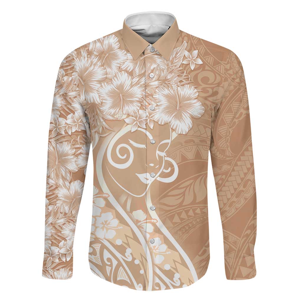 Polynesian Women's Day Family Matching Tank Maxi Dress and Hawaiian Shirt Brown Hibiscus Flowers With Polynesian Pattern LT05 Dad's Shirt - Long Sleeve Brown - Polynesian Pride