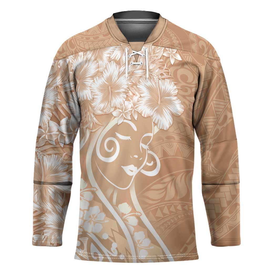 Polynesian Women's Day Hockey Jersey Brown Hibiscus Flowers With Polynesian Pattern