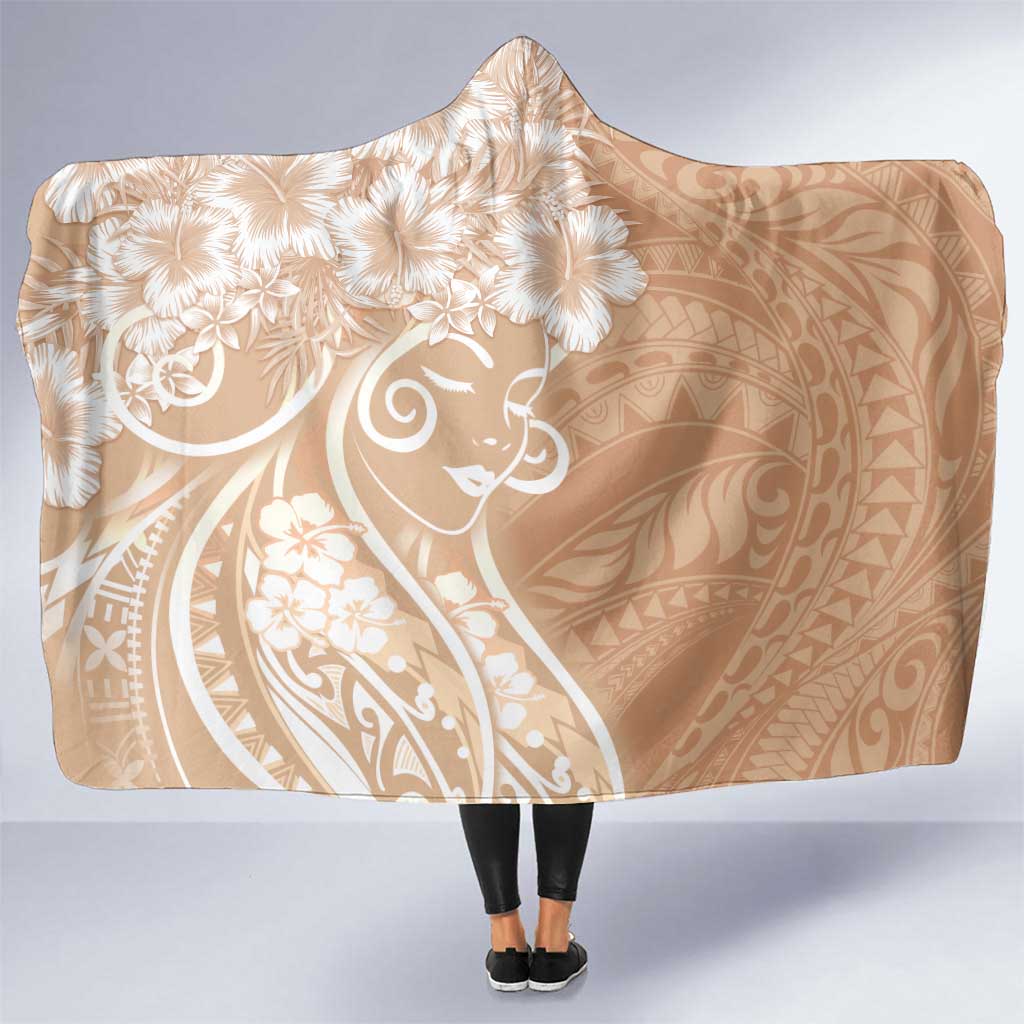 Polynesian Women's Day Hooded Blanket Brown Hibiscus Flowers With Polynesian Pattern