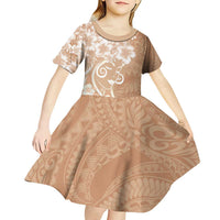 Polynesian Women's Day Kid Short Sleeve Dress Brown Hibiscus Flowers With Polynesian Pattern