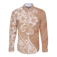 Polynesian Women's Day Long Sleeve Button Shirt Brown Hibiscus Flowers With Polynesian Pattern