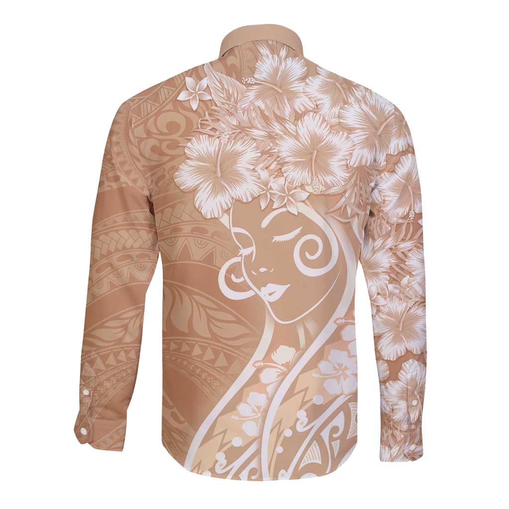 Polynesian Women's Day Long Sleeve Button Shirt Brown Hibiscus Flowers With Polynesian Pattern