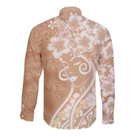 Polynesian Women's Day Long Sleeve Button Shirt Brown Hibiscus Flowers With Polynesian Pattern