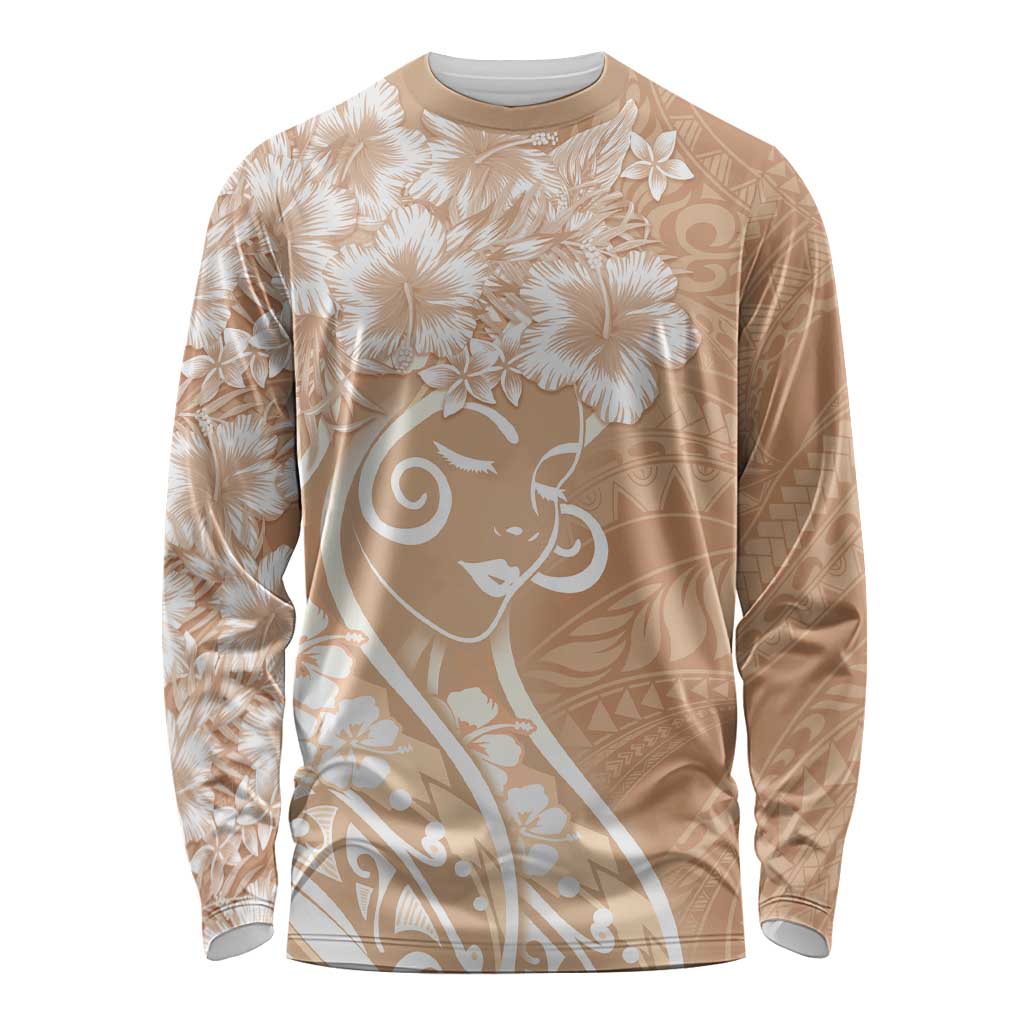 Polynesian Women's Day Long Sleeve Shirt Brown Hibiscus Flowers With Polynesian Pattern