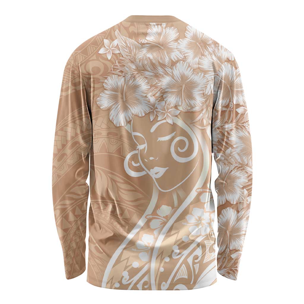 Polynesian Women's Day Long Sleeve Shirt Brown Hibiscus Flowers With Polynesian Pattern