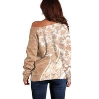 Polynesian Women's Day Off Shoulder Sweater Brown Hibiscus Flowers With Polynesian Pattern