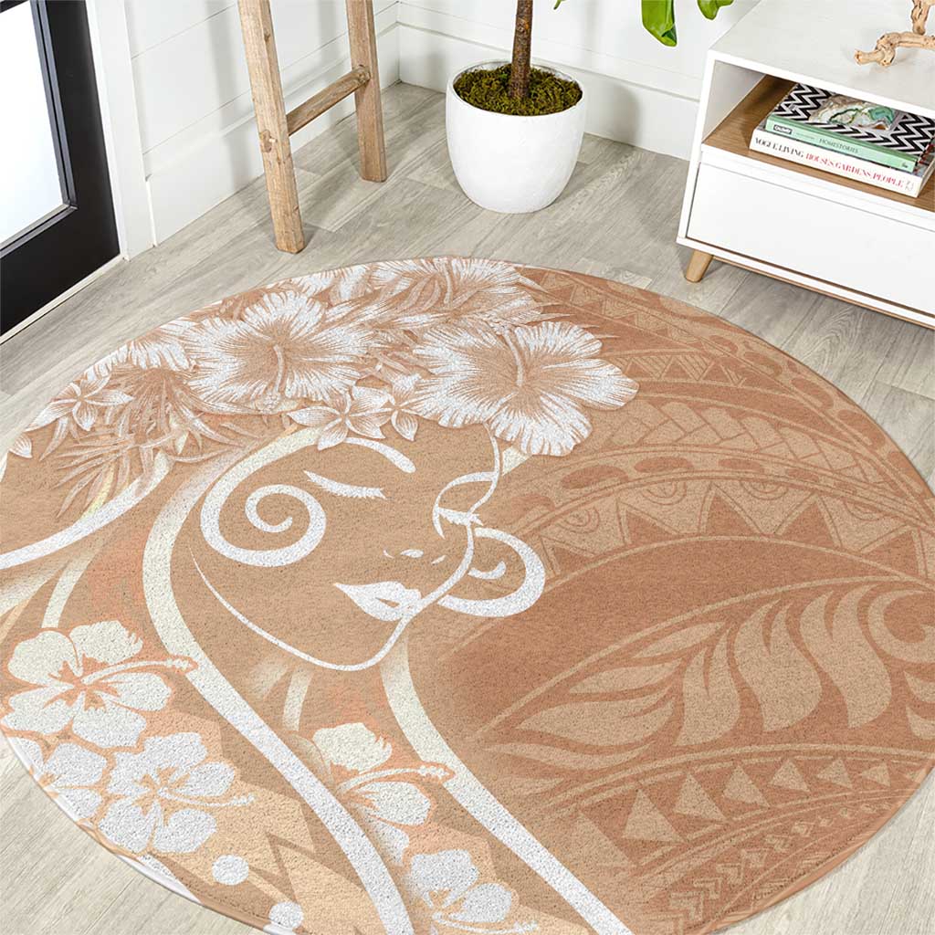 Polynesian Women's Day Round Carpet Brown Hibiscus Flowers With Polynesian Pattern