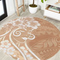 Polynesian Women's Day Round Carpet Brown Hibiscus Flowers With Polynesian Pattern