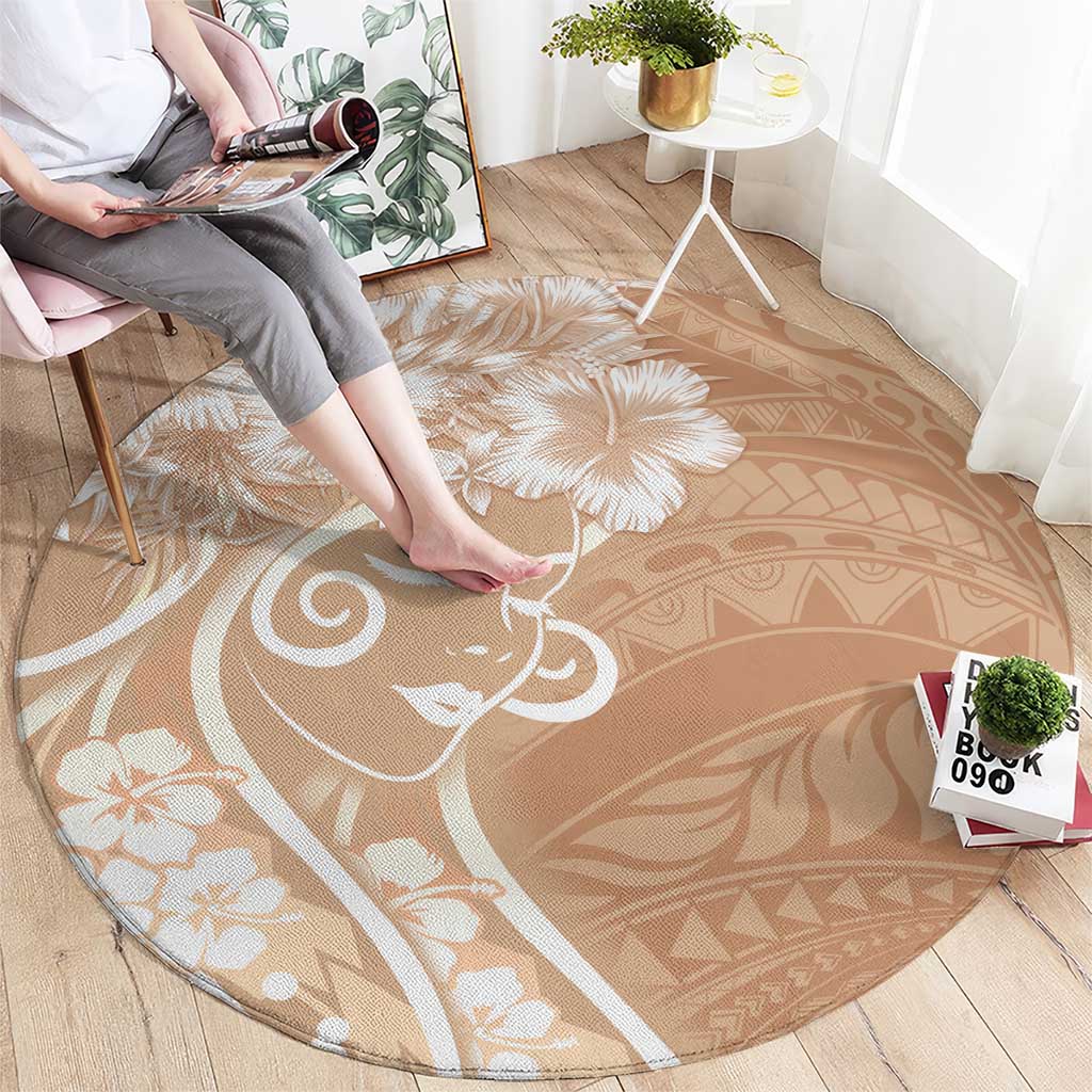 Polynesian Women's Day Round Carpet Brown Hibiscus Flowers With Polynesian Pattern