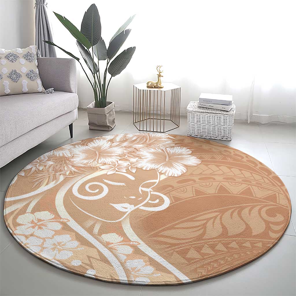 Polynesian Women's Day Round Carpet Brown Hibiscus Flowers With Polynesian Pattern