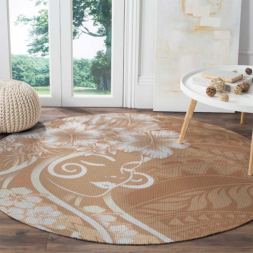 Polynesian Women's Day Round Carpet Brown Hibiscus Flowers With Polynesian Pattern