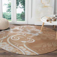 Polynesian Women's Day Round Carpet Brown Hibiscus Flowers With Polynesian Pattern
