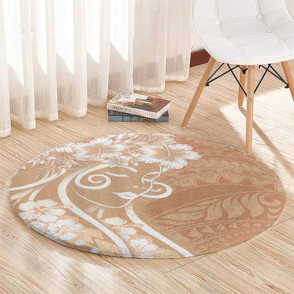 Polynesian Women's Day Round Carpet Brown Hibiscus Flowers With Polynesian Pattern