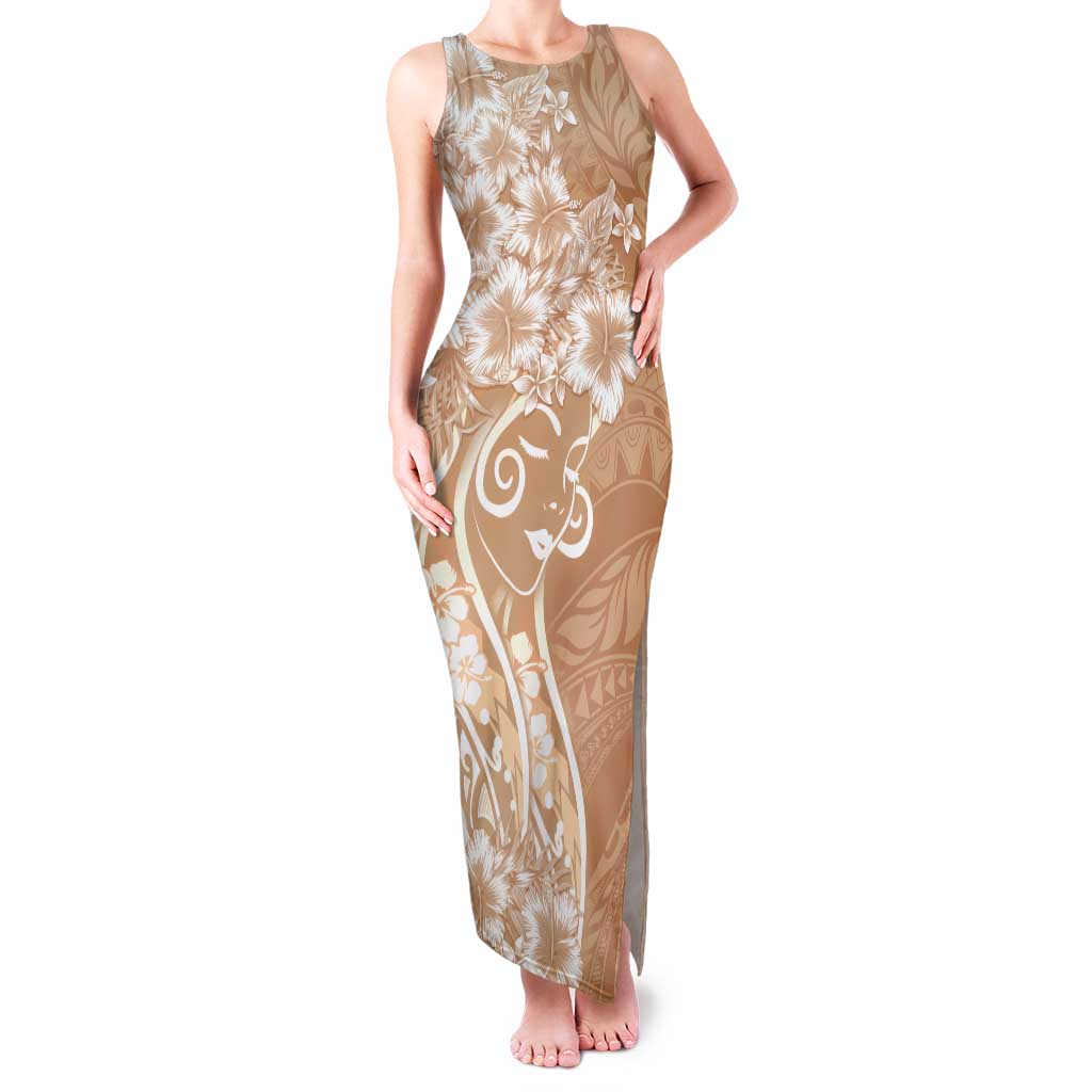 Polynesian Women's Day Tank Maxi Dress Brown Hibiscus Flowers With Polynesian Pattern